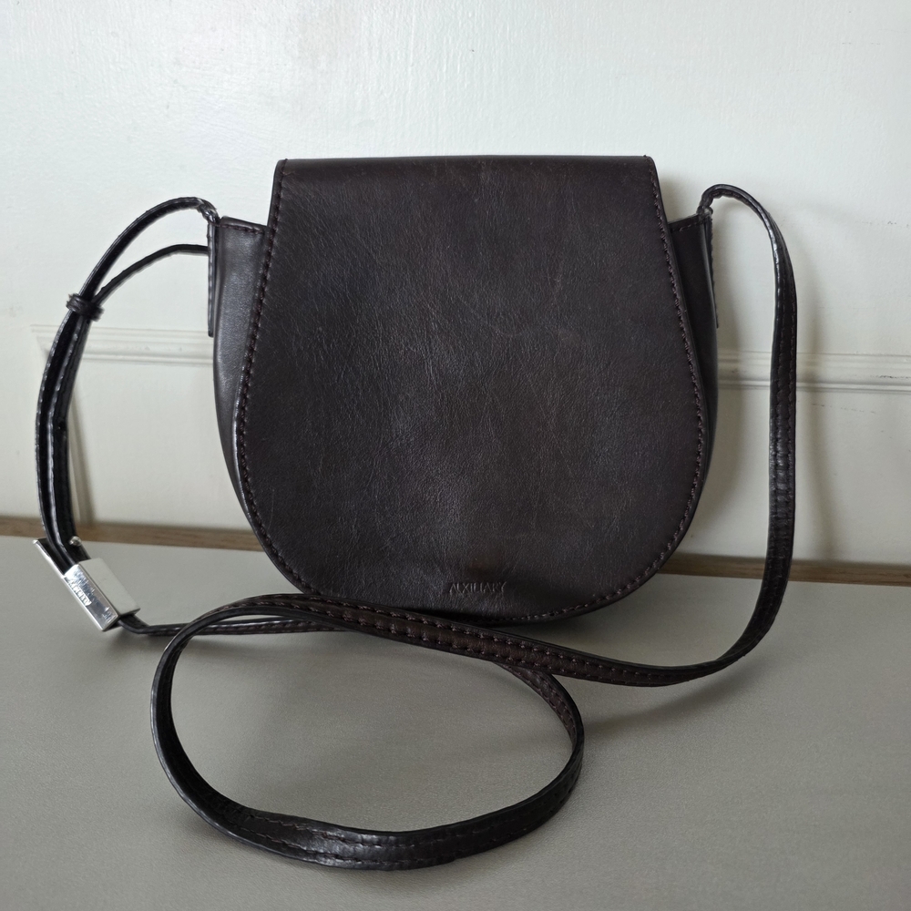 Minimal Dark Brown Leather Crossbody Saddle Bag - Pockets, Adjustable